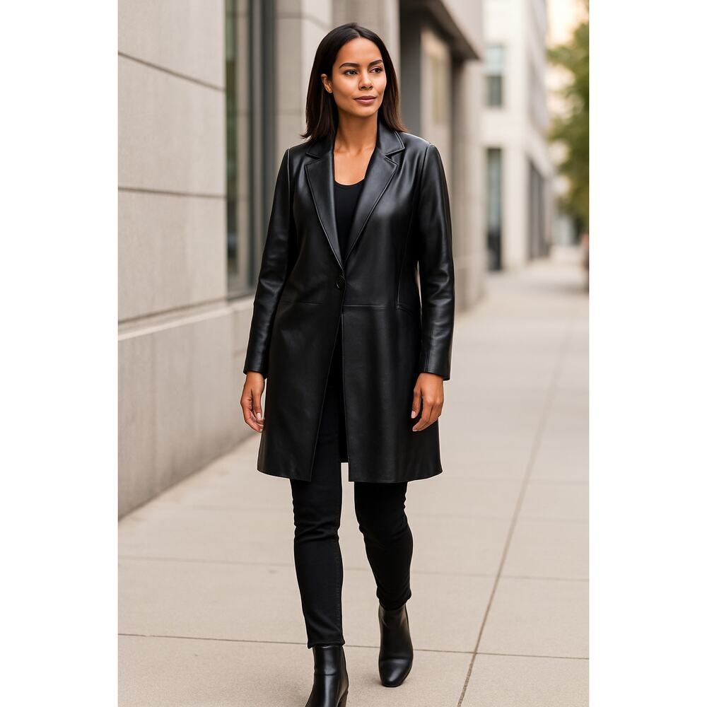 Chico’s Faux Leather Topper Coat Black Longline Blazer Jacket Size 0 (S) NWT